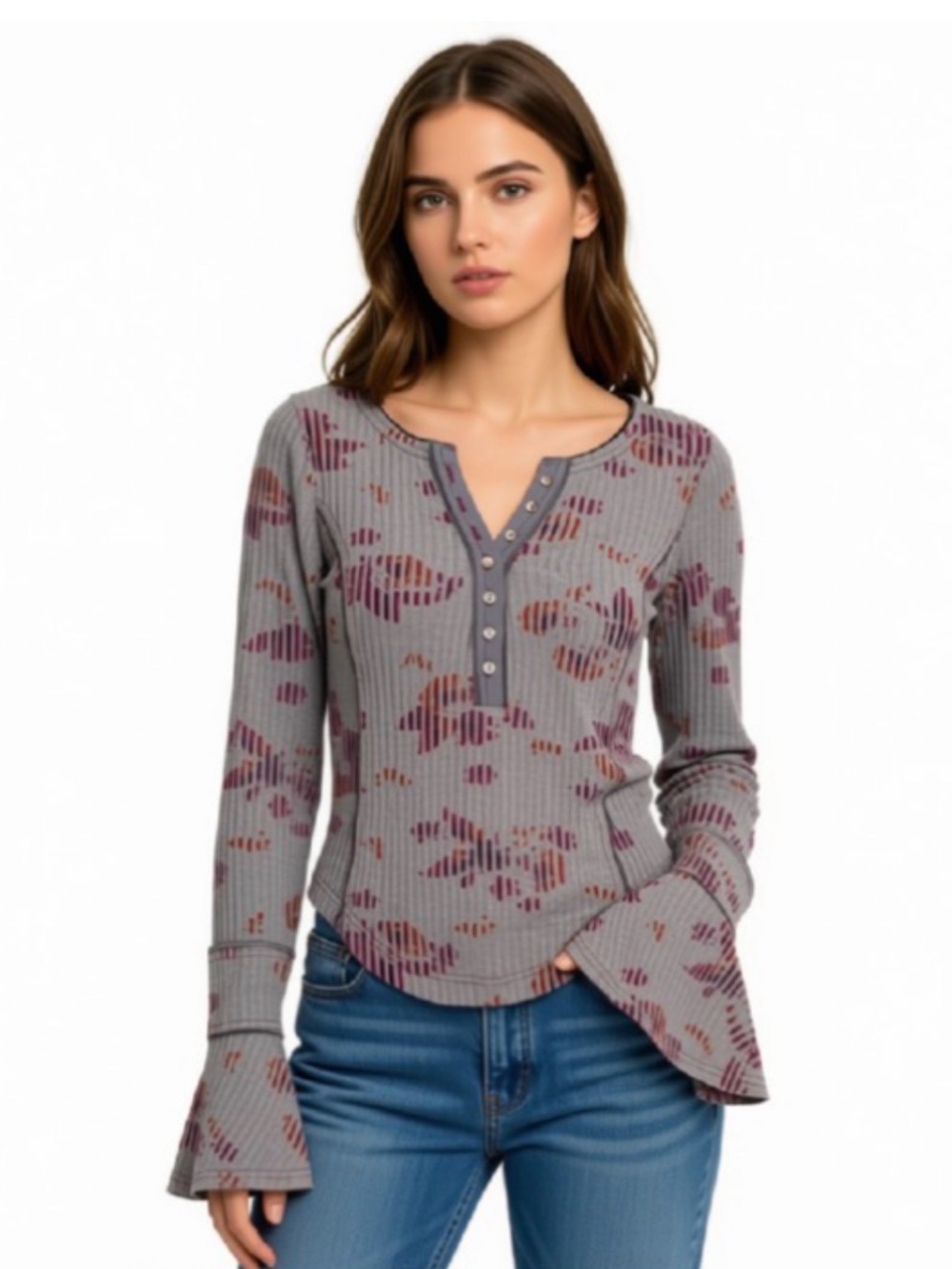 Free People Ribbed Henley with Floral Print - Gray & Purple